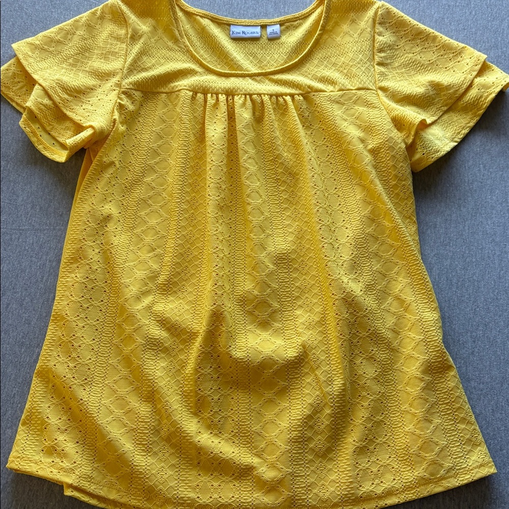 Kim Rogers Bright Yellow Eyelet Design With Lining Short Sleeve Top